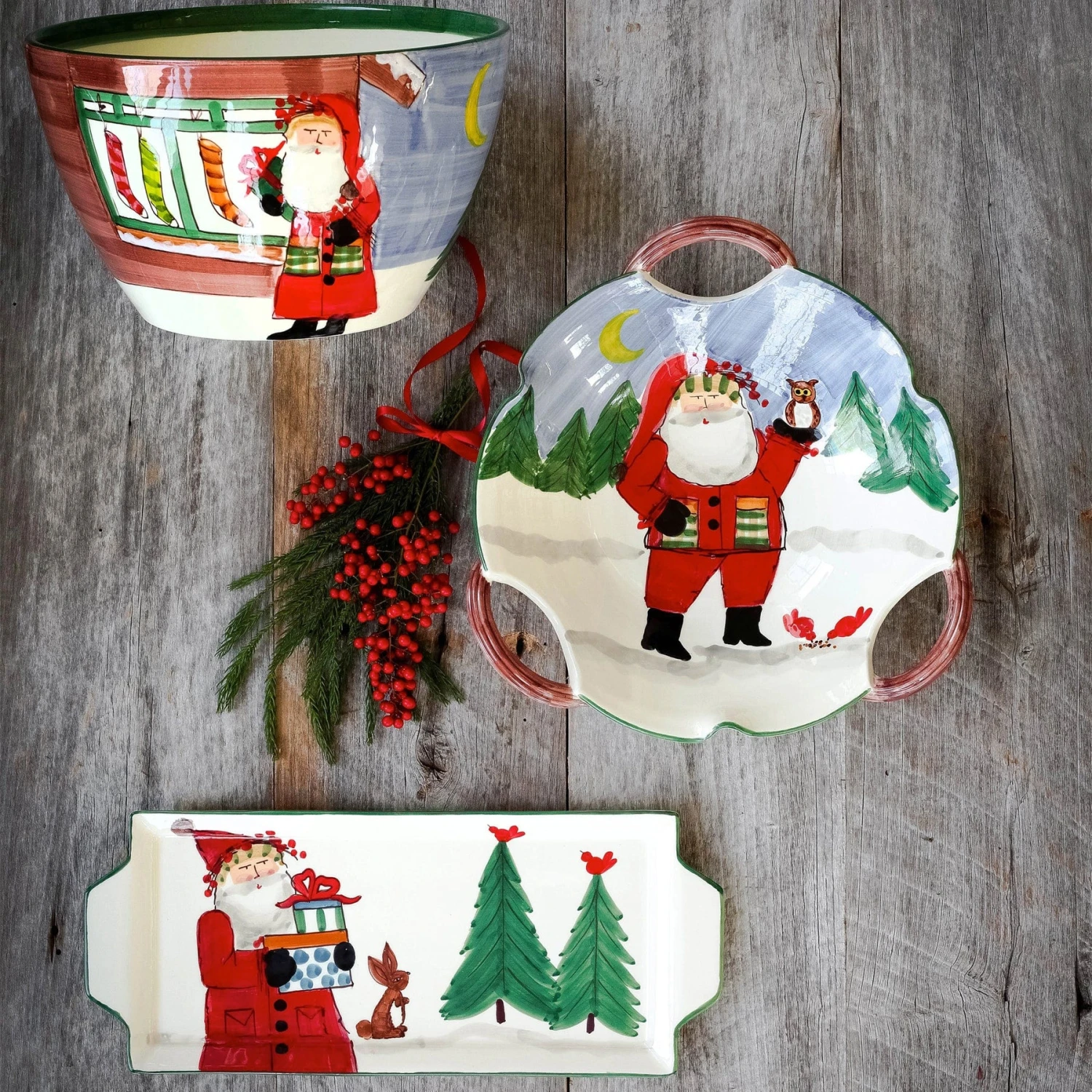 Old St. Nick Handled Scallop Bowl - Santa W/ Owl 2 Old St. Nick Handled Scallop Bowl - Santa W/ Owl - Image 2